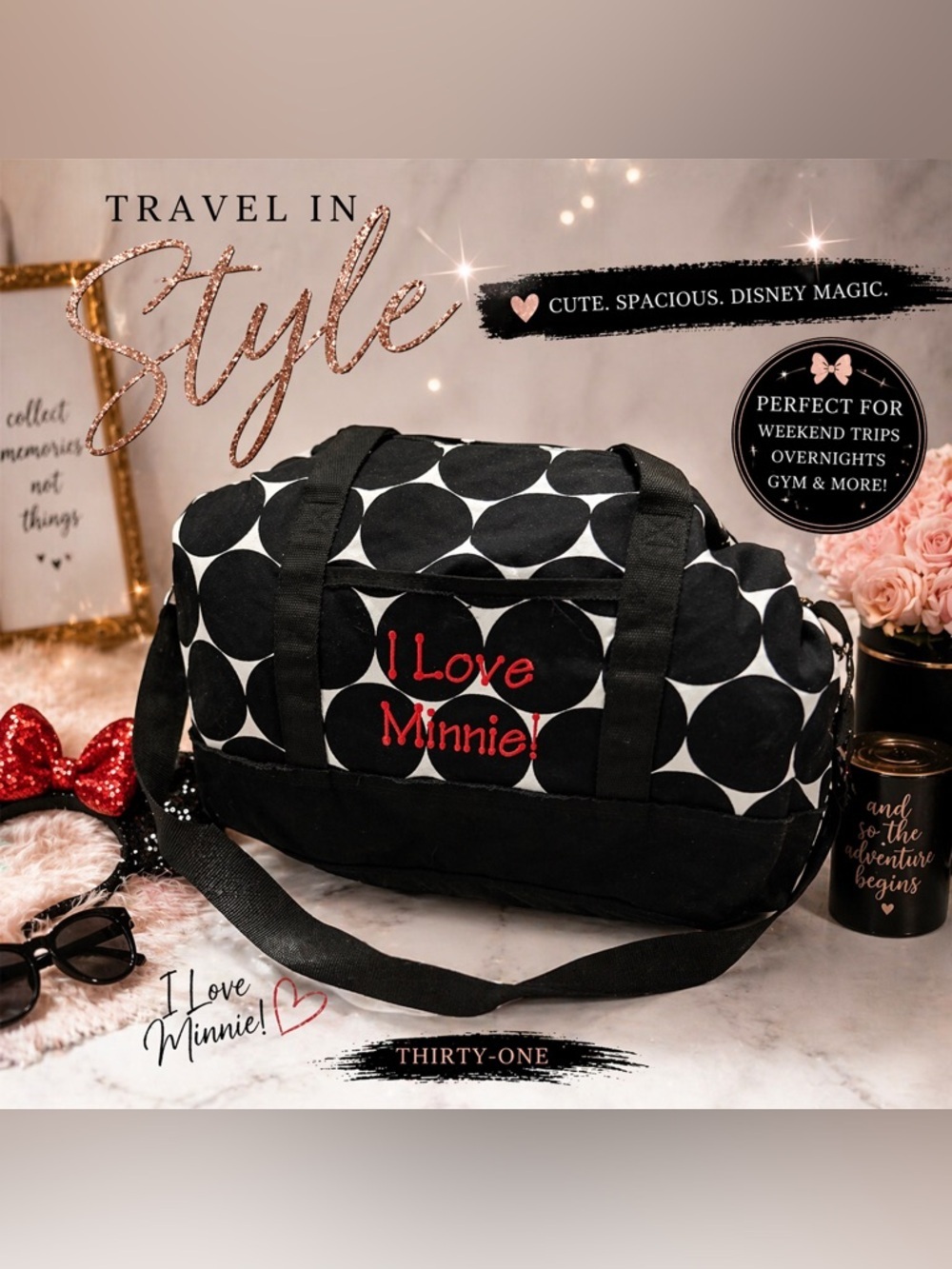Thirty One Black White Polka Dot I Love Minnie Duffle Bag Large